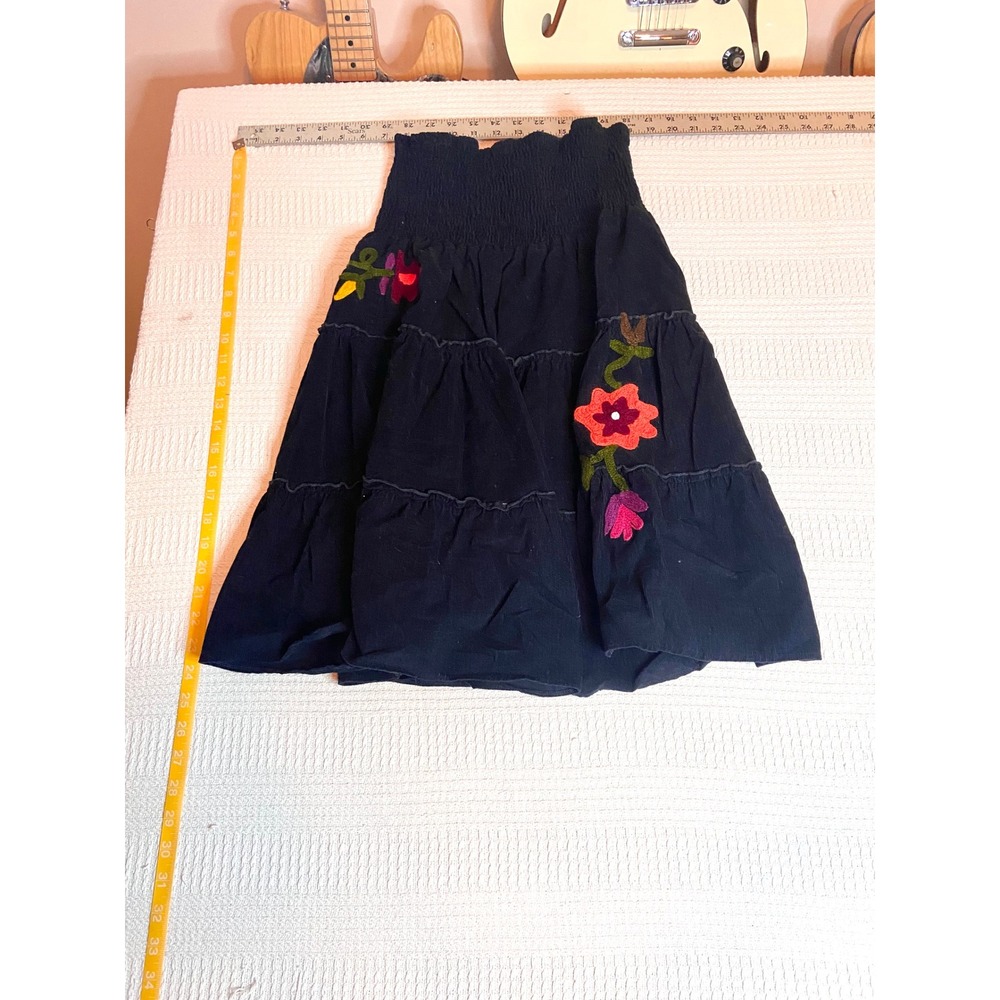 Petal Black Cotton Smocked Tiered Floral Embroidered Mini Skirt Boho M/M